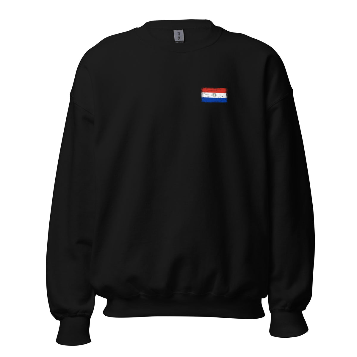 Paraguay flag crew sweatshirt in Black, vintage-washed print, small flag on the left chest, unisex cut, front view