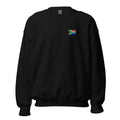South Africa flag crew sweatshirt in Black, vintage-washed print, small flag on the left chest, unisex cut, front view