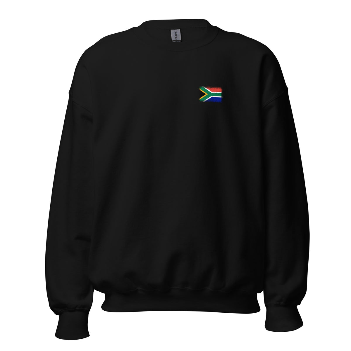 South Africa flag crew sweatshirt in Black, vintage-washed print, small flag on the left chest, unisex cut, front view