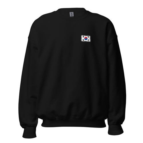South Korea flag crew sweatshirt in Black, vintage-washed print, small flag on the left chest, unisex cut, front view