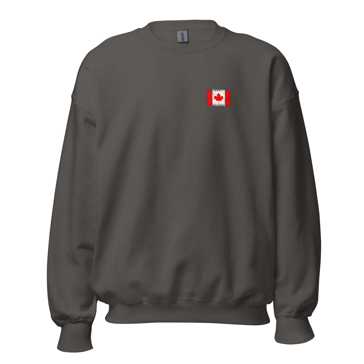 Canada flag crew sweatshirt in Charcoal, vintage-washed print, small flag on the left chest, unisex cut, front view