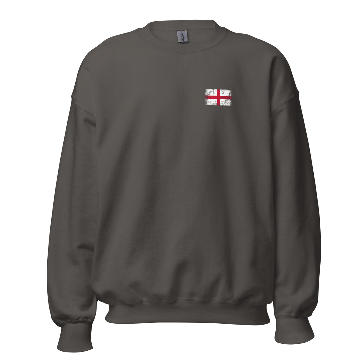 England flag crew sweatshirt in Charcoal, vintage-washed print, small flag on the left chest, unisex cut, front view