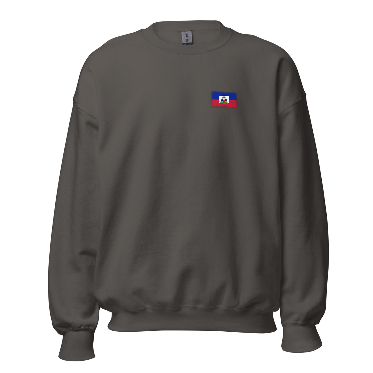 Haiti flag crew sweatshirt in Charcoal, vintage-washed print, small flag on the left chest, unisex cut, front view