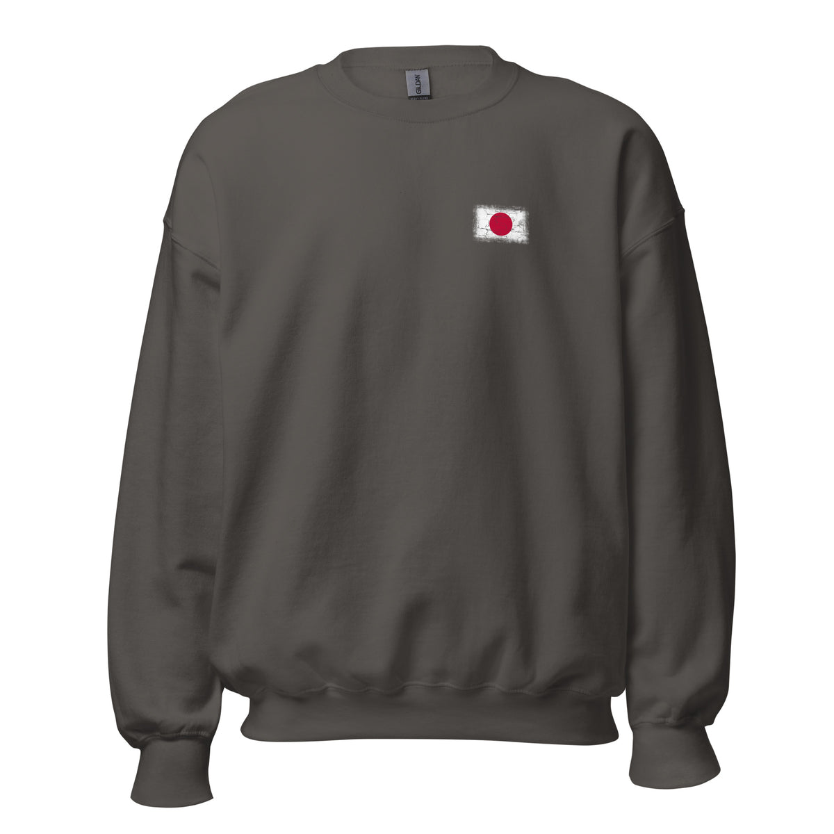 Japan flag crew sweatshirt in Charcoal, vintage-washed print, small flag on the left chest, unisex cut, front view
