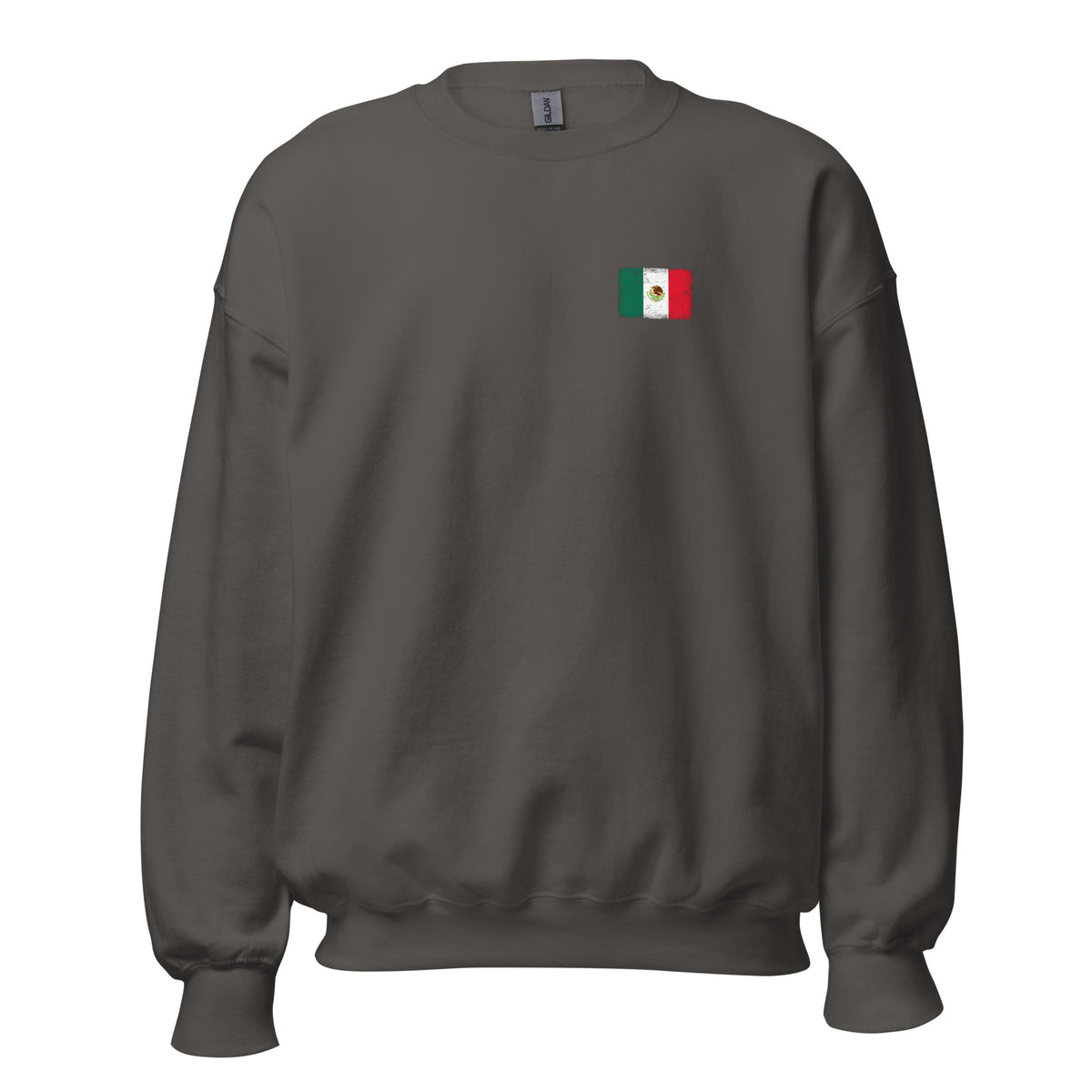 Mexico flag crew sweatshirt in Charcoal, vintage-washed print, small flag on the left chest, unisex cut, front view