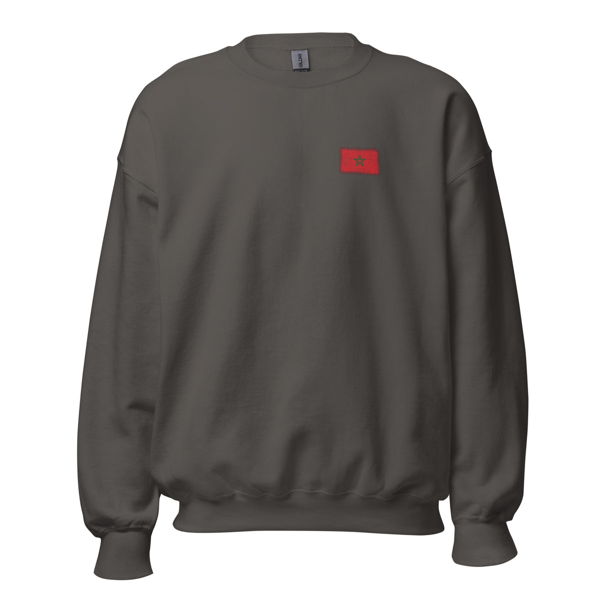 Morocco flag crew sweatshirt in Charcoal, vintage-washed print, small flag on the left chest, unisex cut, front view