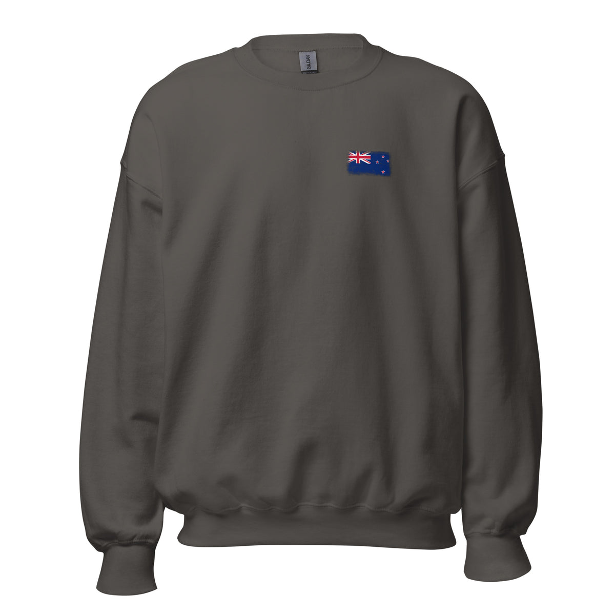 New Zealand flag crew sweatshirt in Charcoal, vintage-washed print, small flag on the left chest, unisex cut, front view