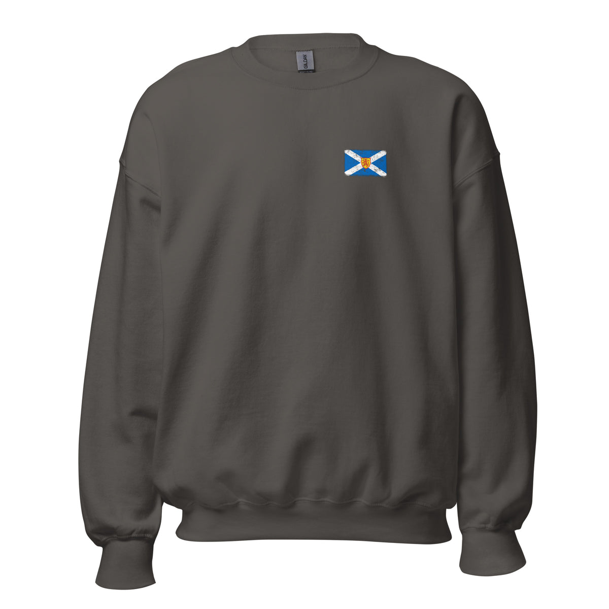 Scotland flag crew sweatshirt in Charcoal, vintage-washed print, small flag on the left chest, unisex cut, front view