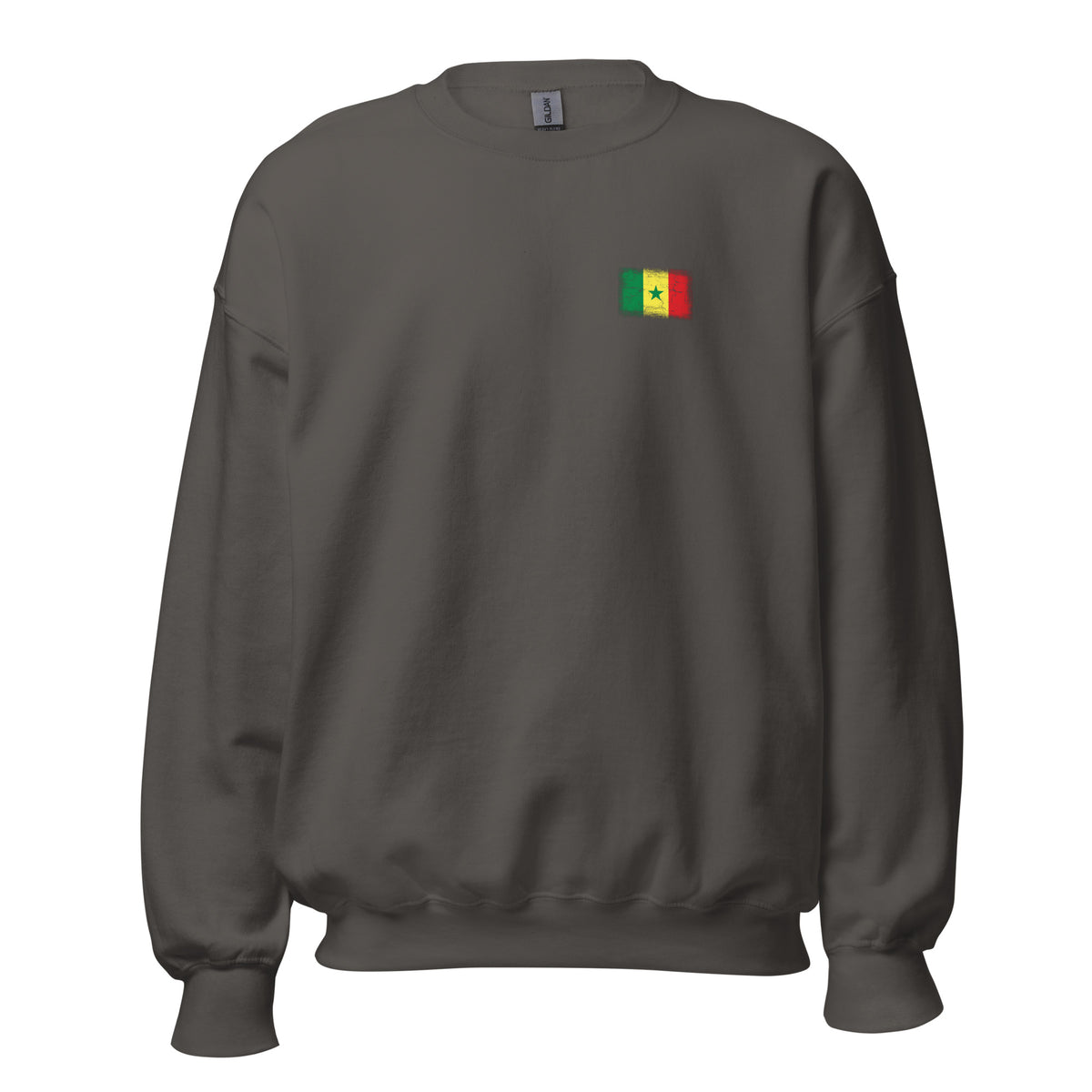 Senegal flag crew sweatshirt in Charcoal, vintage-washed print, small flag on the left chest, unisex cut, front view