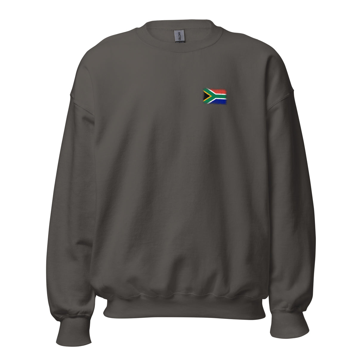 South Africa flag crew sweatshirt in Charcoal, vintage-washed print, small flag on the left chest, unisex cut, front view