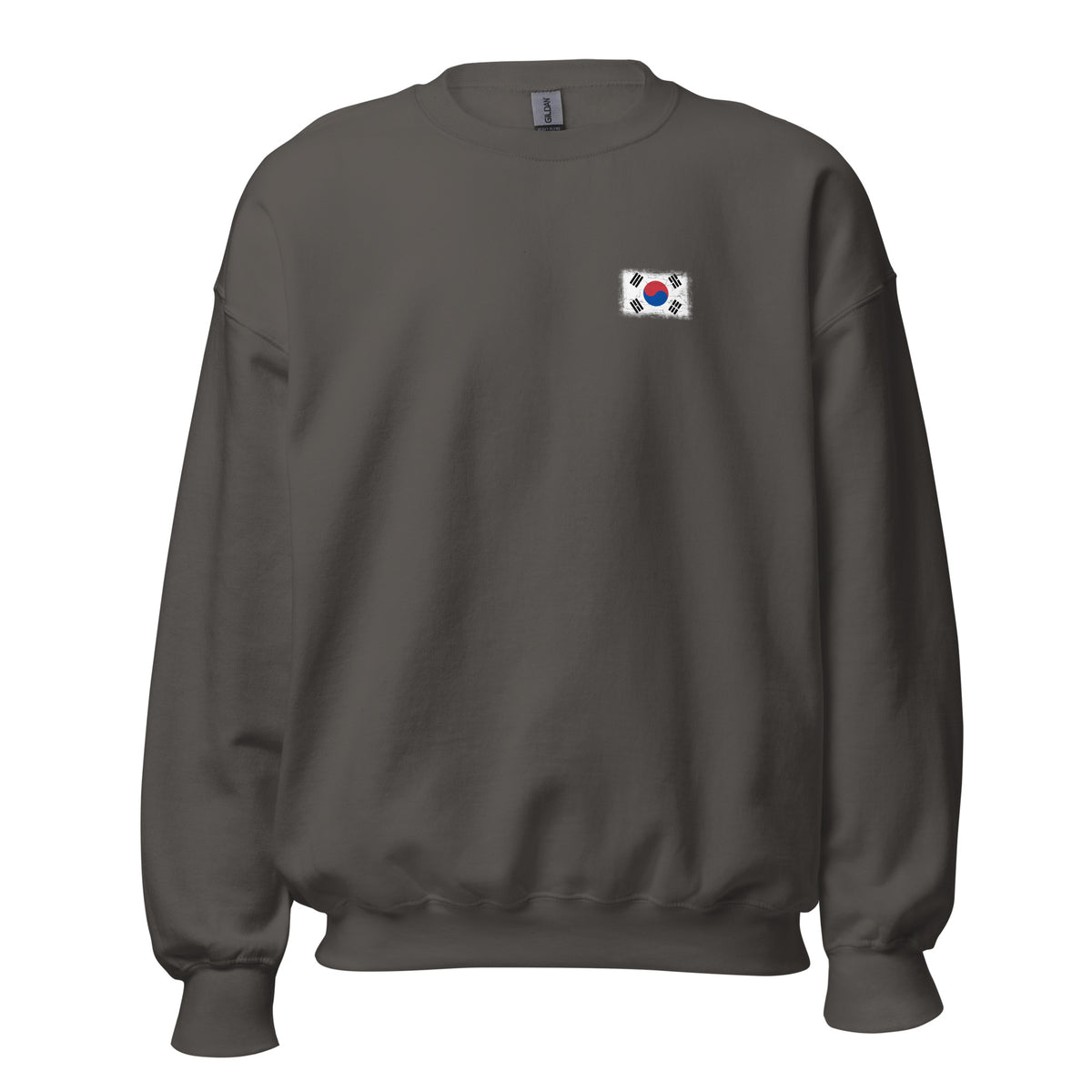 South Korea flag crew sweatshirt in Charcoal, vintage-washed print, small flag on the left chest, unisex cut, front view