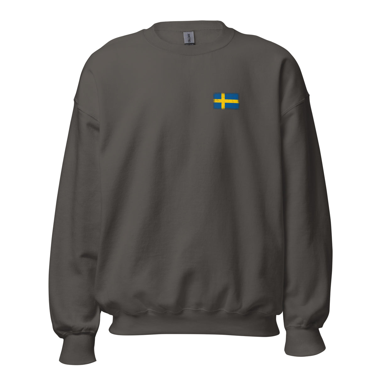 Sweden flag crew sweatshirt in Charcoal, vintage-washed print, small flag on the left chest, unisex cut, front view