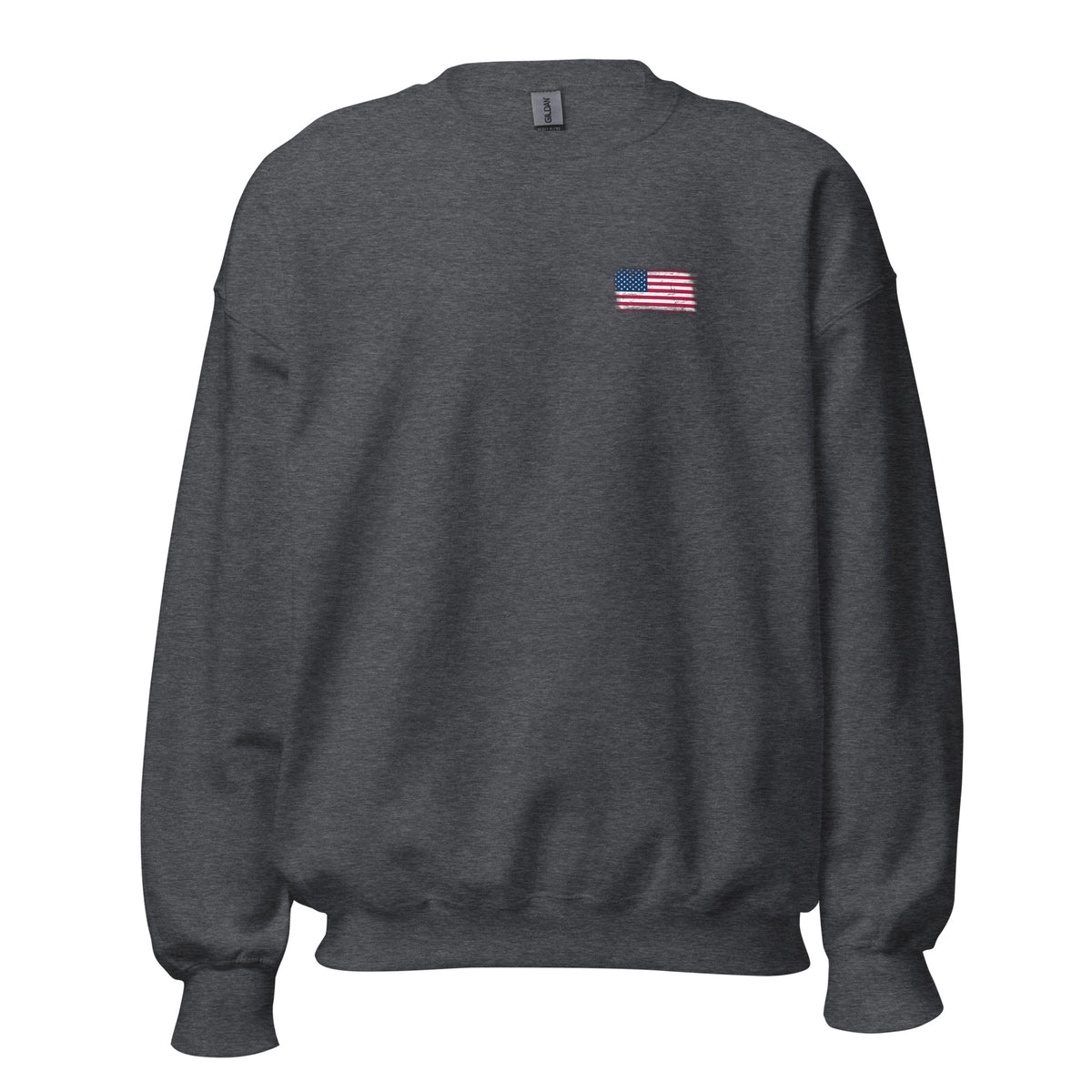 USA flag crew sweatshirt in Dark Heather, vintage-washed print, small flag on the left chest, unisex cut, front view