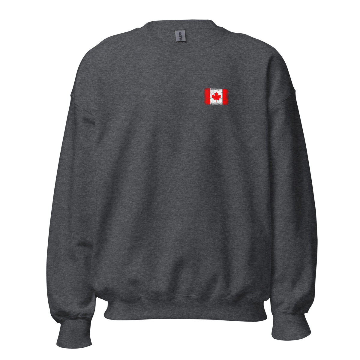 Canada flag crew sweatshirt in Dark Heather, vintage-washed print, small flag on the left chest, unisex cut, front view