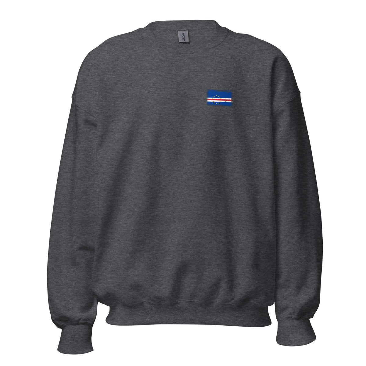 Cape Verde flag crew sweatshirt in Dark Heather, vintage-washed print, small flag on the left chest, unisex cut, front view