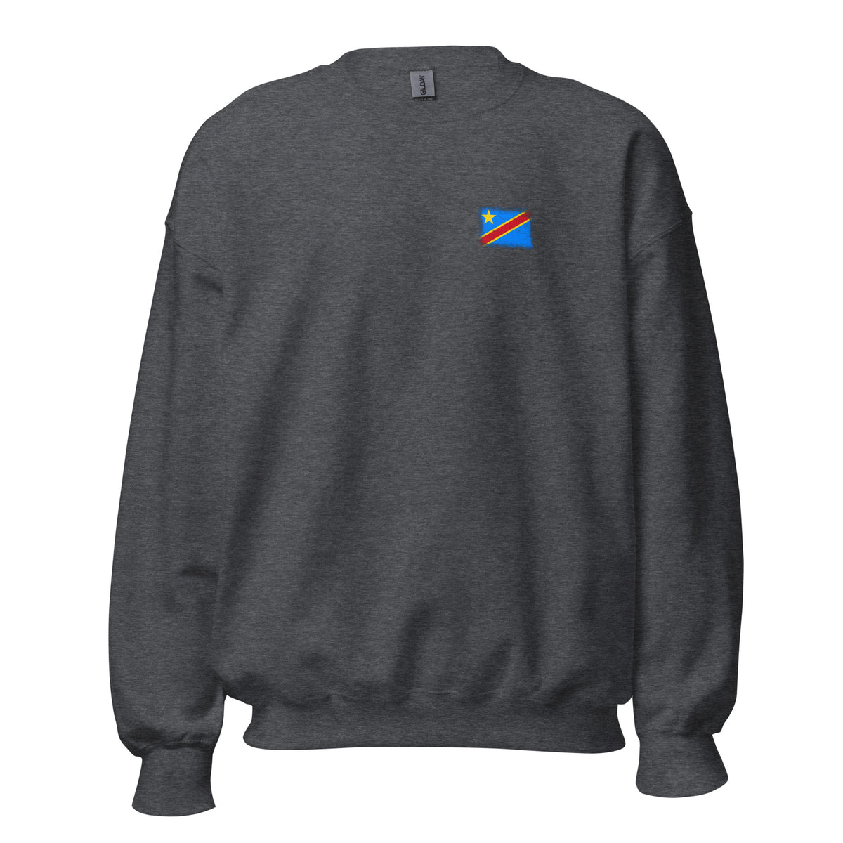 Congo flag crew sweatshirt in Dark Heather, vintage-washed print, small flag on the left chest, unisex cut, front view