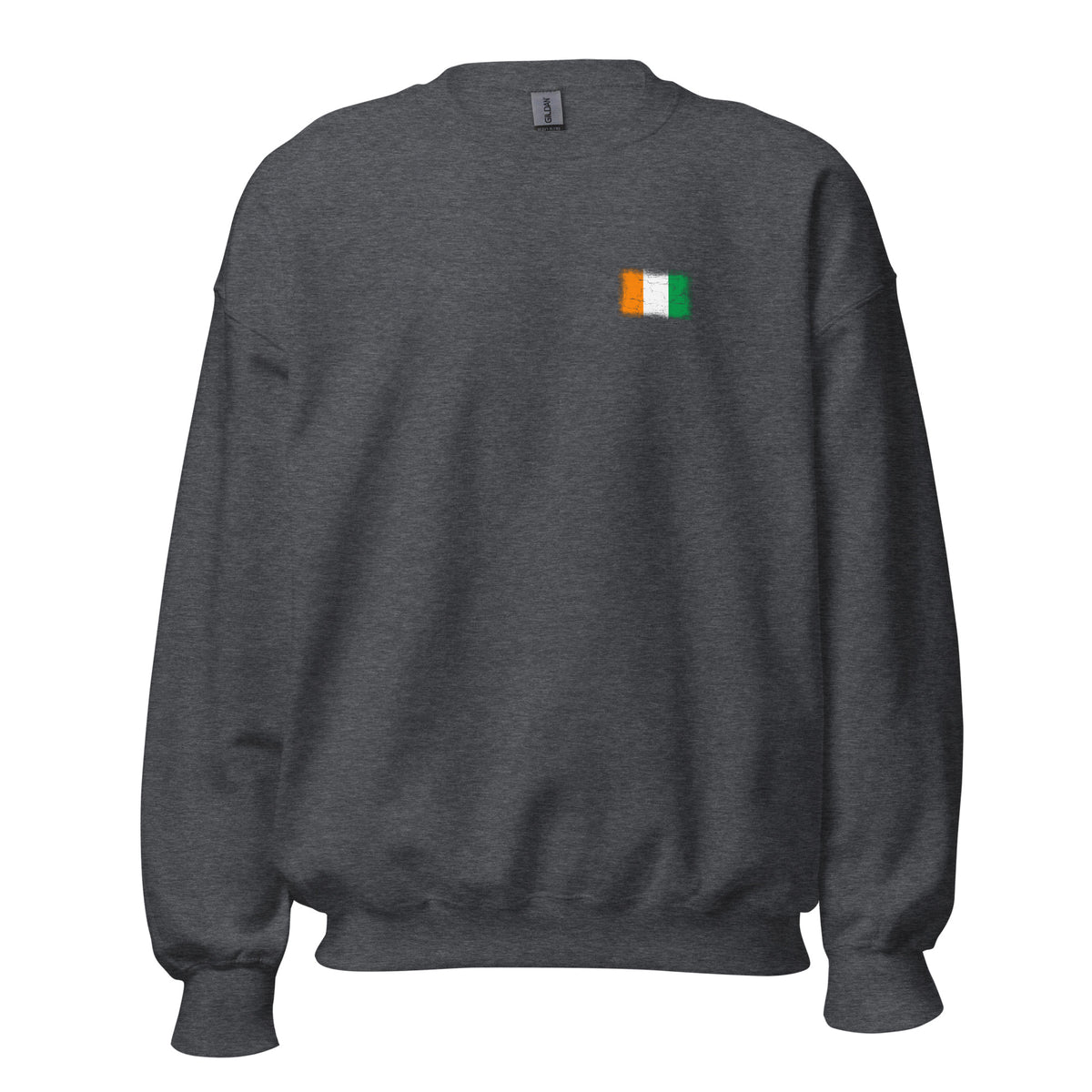 Côte d'Ivoire flag crew sweatshirt in Dark Heather, vintage-washed print, small flag on the left chest, unisex cut, front view