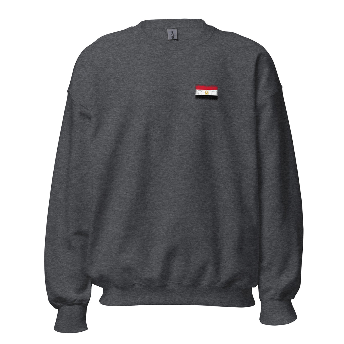 Egypt flag crew sweatshirt in Dark Heather, vintage-washed print, small flag on the left chest, unisex cut, front view
