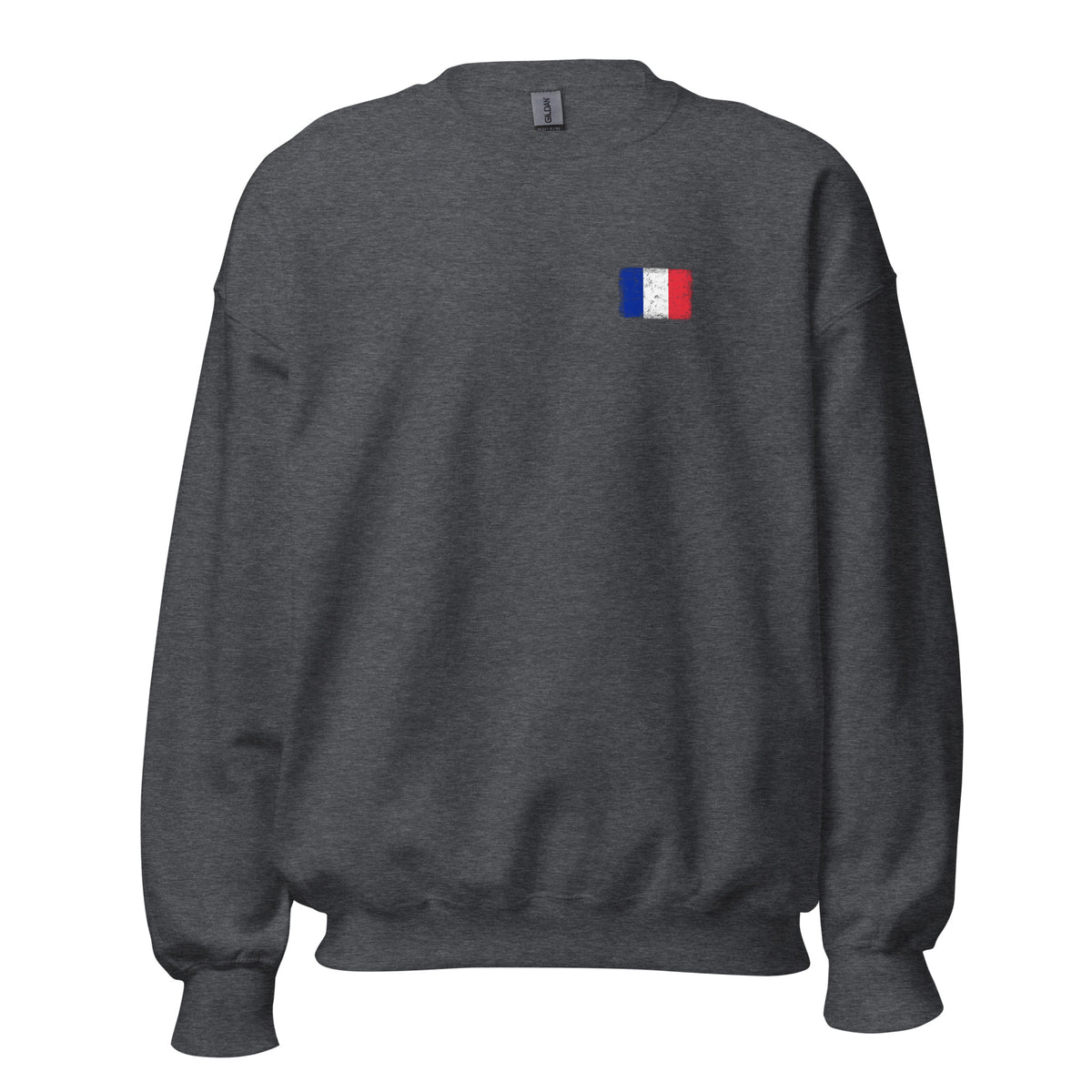 France flag crew sweatshirt in Dark Heather, vintage-washed print, small flag on the left chest, unisex cut, front view