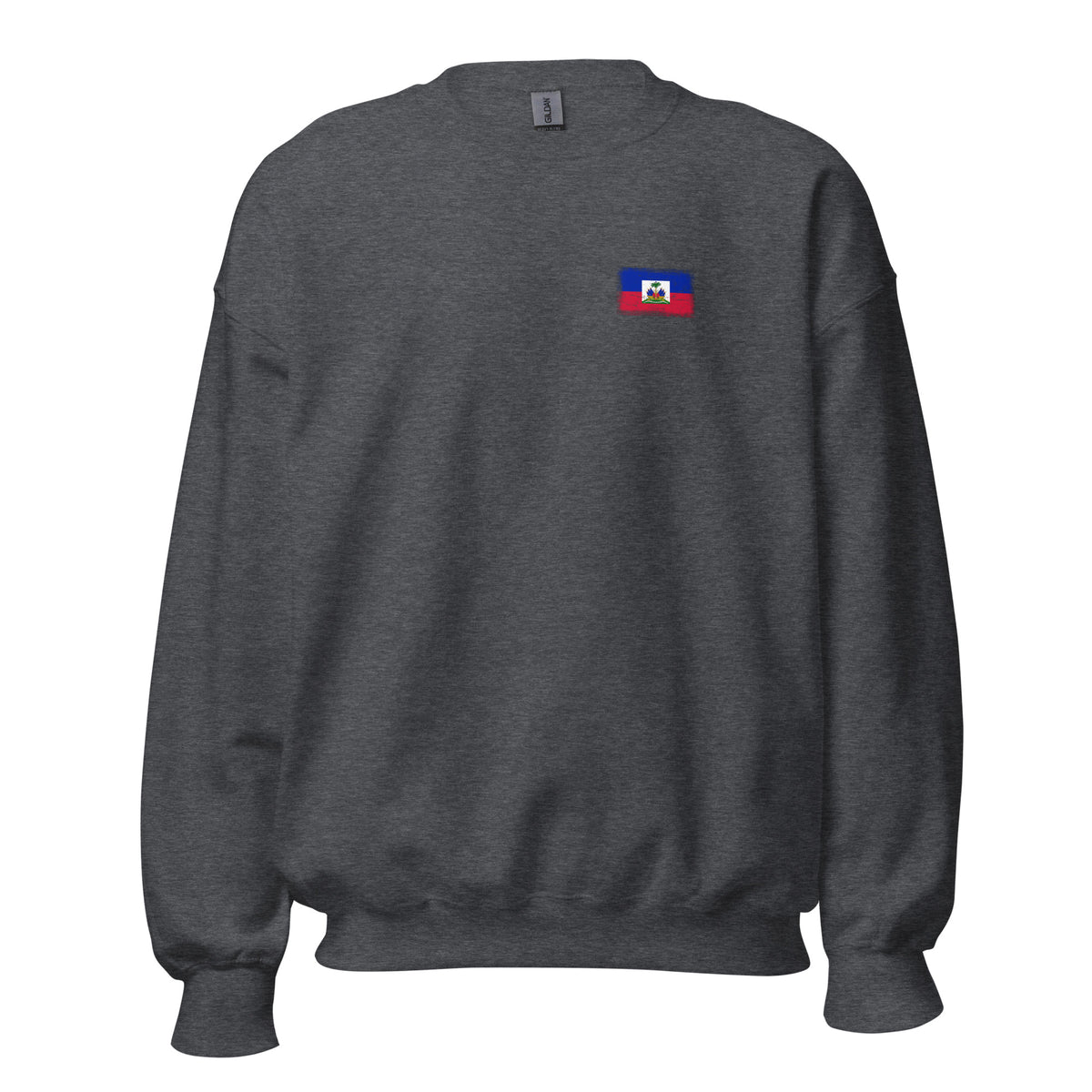 Haiti flag crew sweatshirt in Dark Heather, vintage-washed print, small flag on the left chest, unisex cut, front view