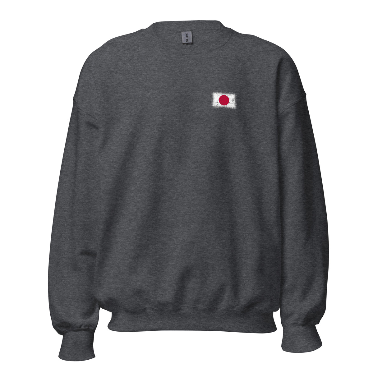 Japan flag crew sweatshirt in Dark Heather, vintage-washed print, small flag on the left chest, unisex cut, front view