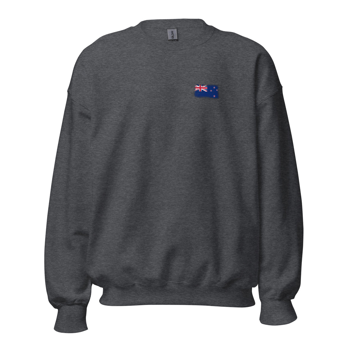 New Zealand flag crew sweatshirt in Dark Heather, vintage-washed print, small flag on the left chest, unisex cut, front view
