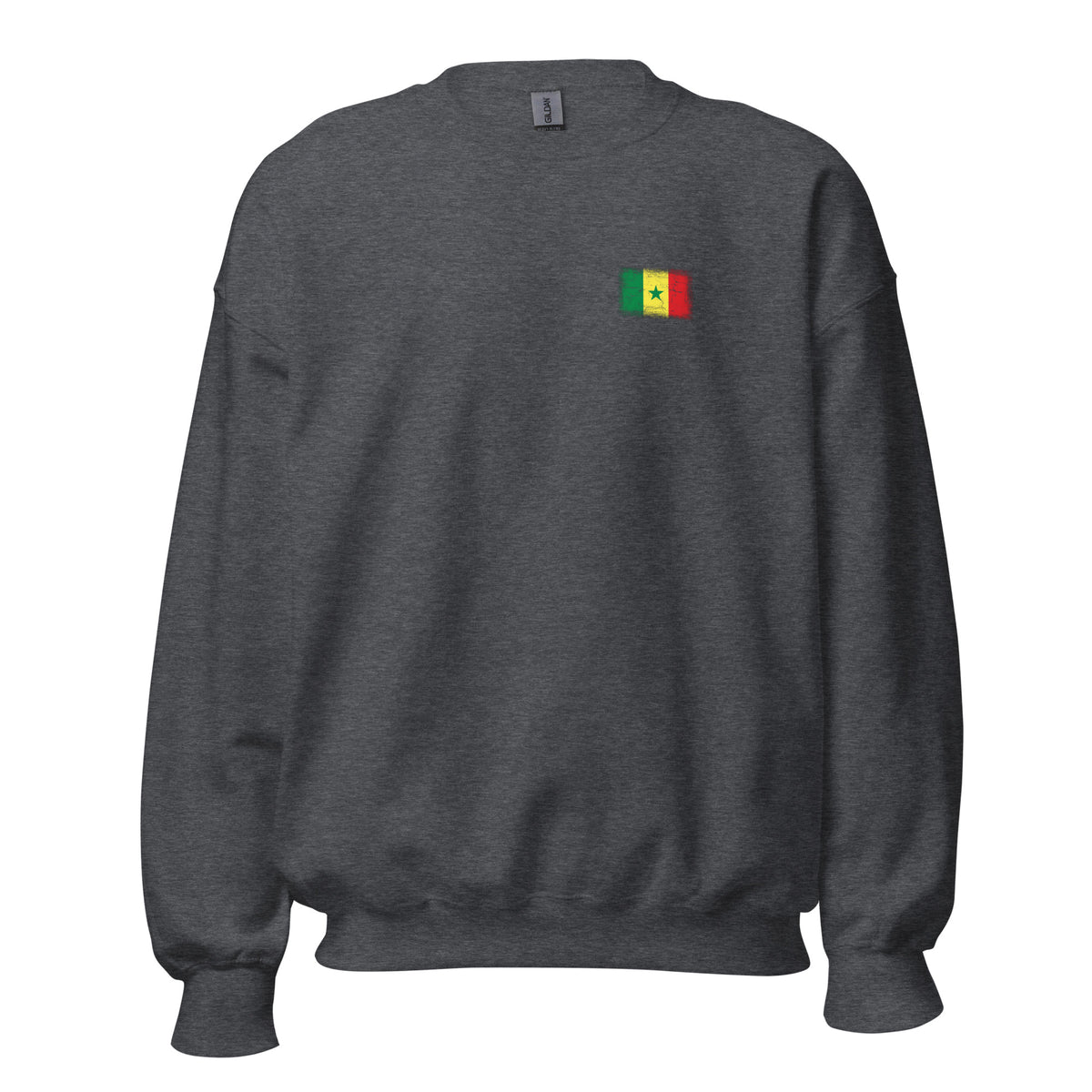 Senegal flag crew sweatshirt in Dark Heather, vintage-washed print, small flag on the left chest, unisex cut, front view