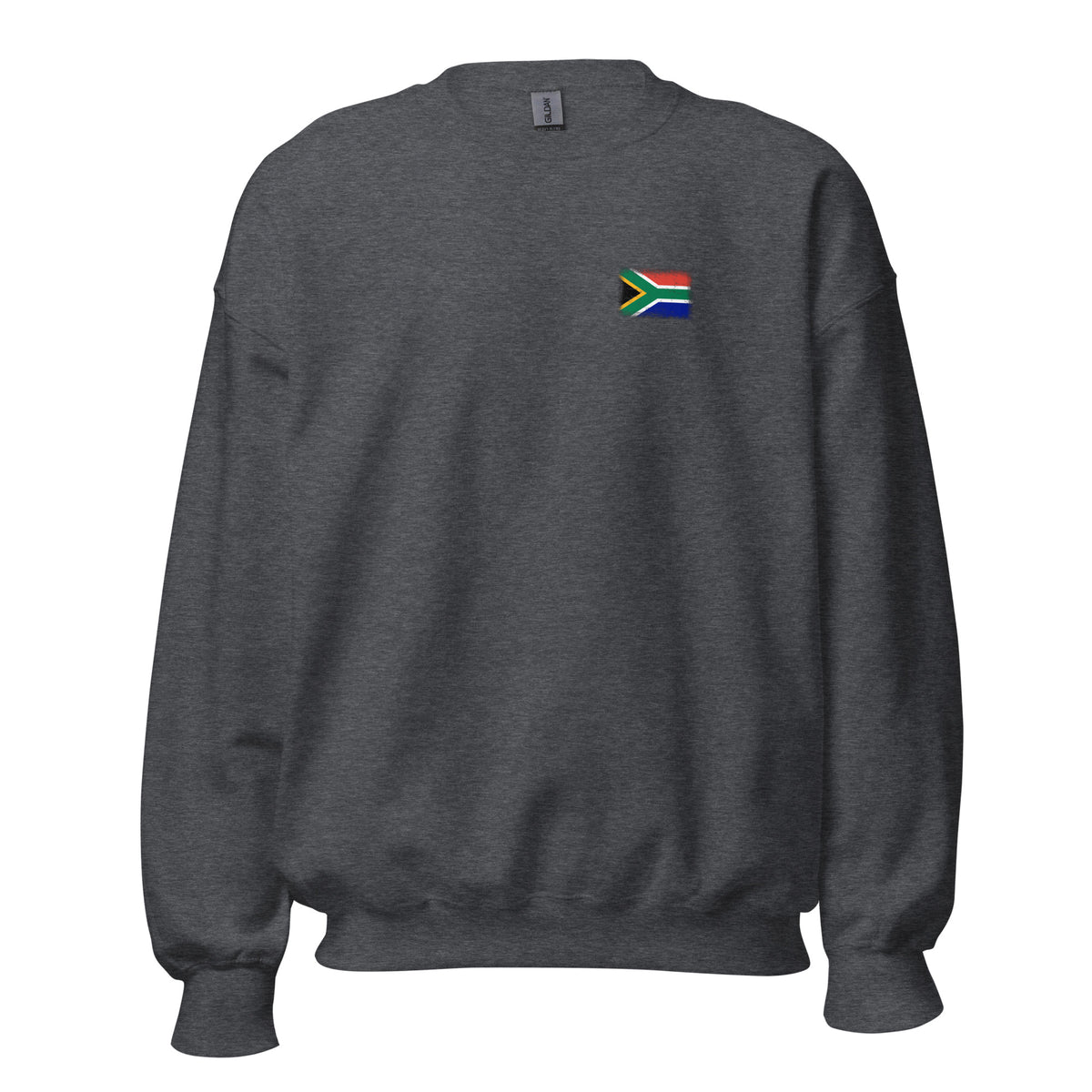 South Africa flag crew sweatshirt in Dark Heather, vintage-washed print, small flag on the left chest, unisex cut, front view
