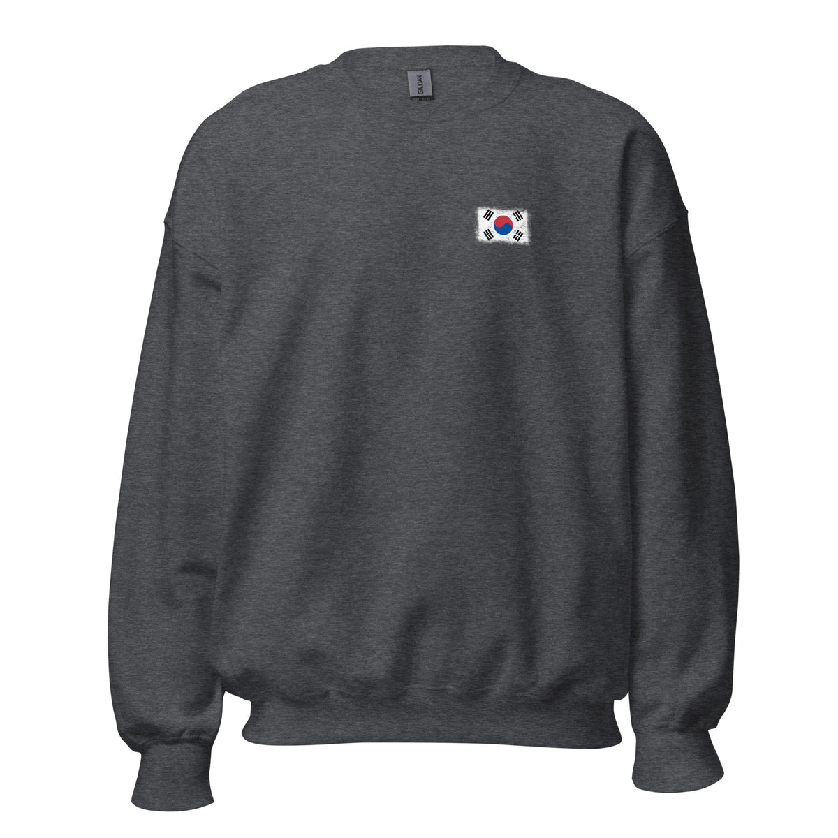 South Korea flag crew sweatshirt in Dark Heather, vintage-washed print, small flag on the left chest, unisex cut, front view