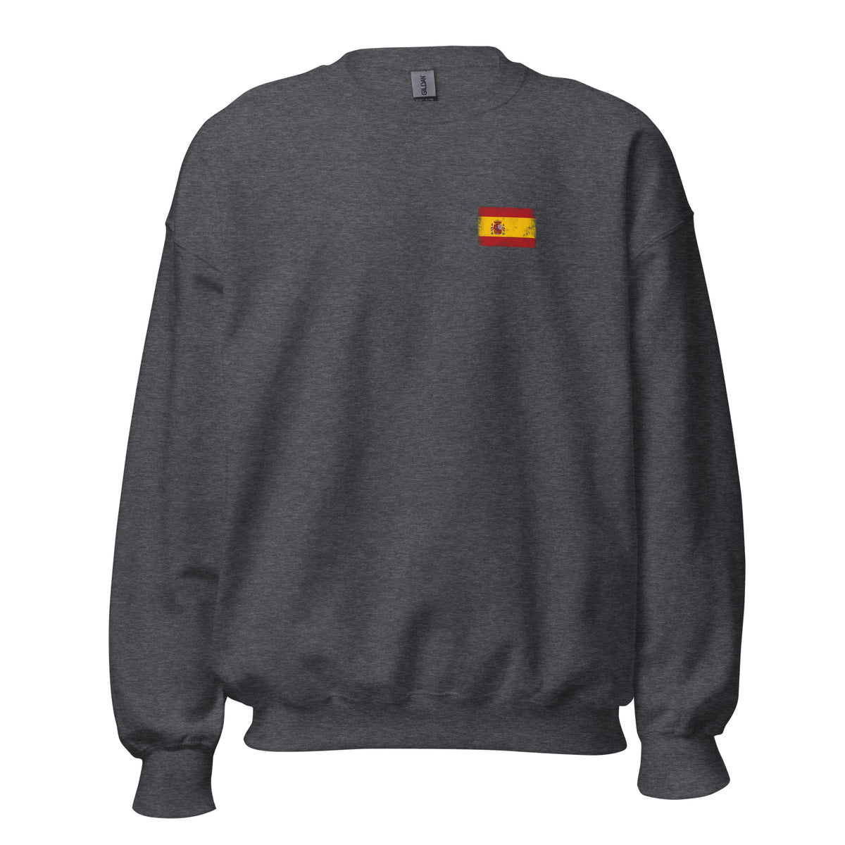 Spain flag crew sweatshirt in Dark Heather, vintage-washed print, small flag on the left chest, unisex cut, front view