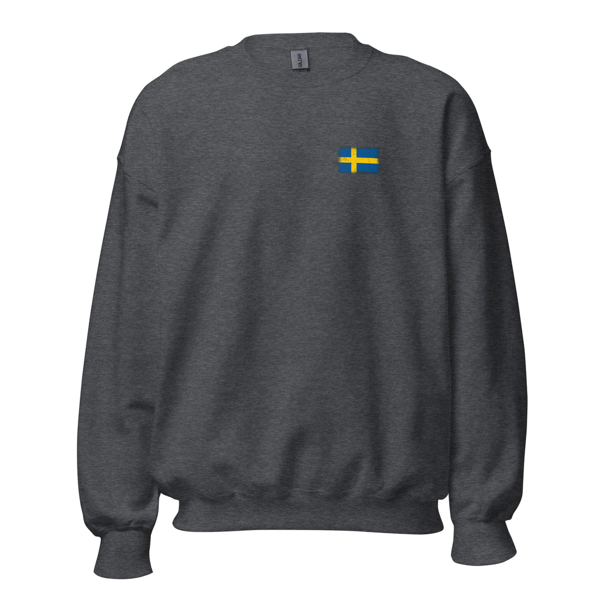 Sweden flag crew sweatshirt in Dark Heather, vintage-washed print, small flag on the left chest, unisex cut, front view