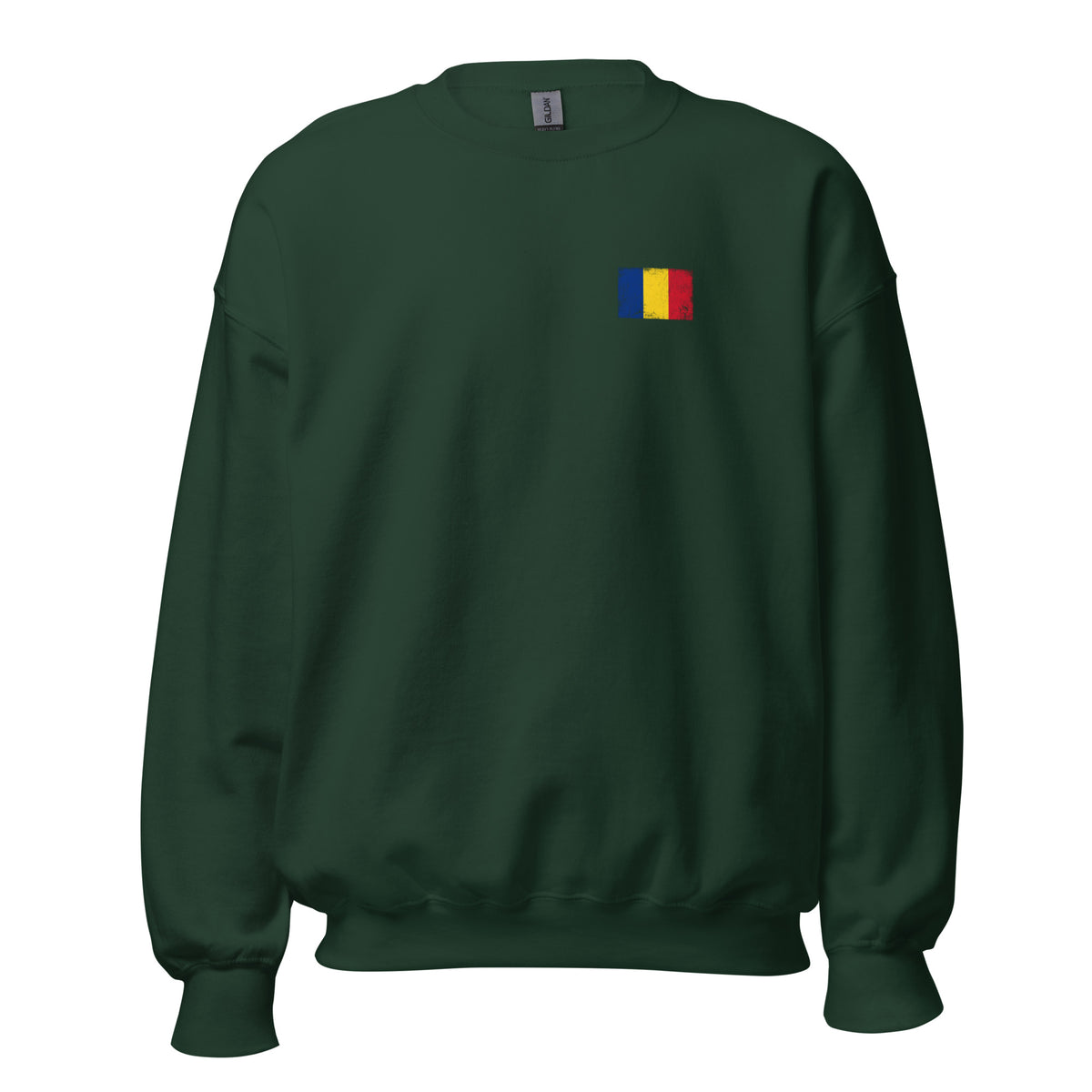 Romania flag crew sweatshirt in Forest Green, vintage-washed print, small flag on the left chest, unisex cut, front view