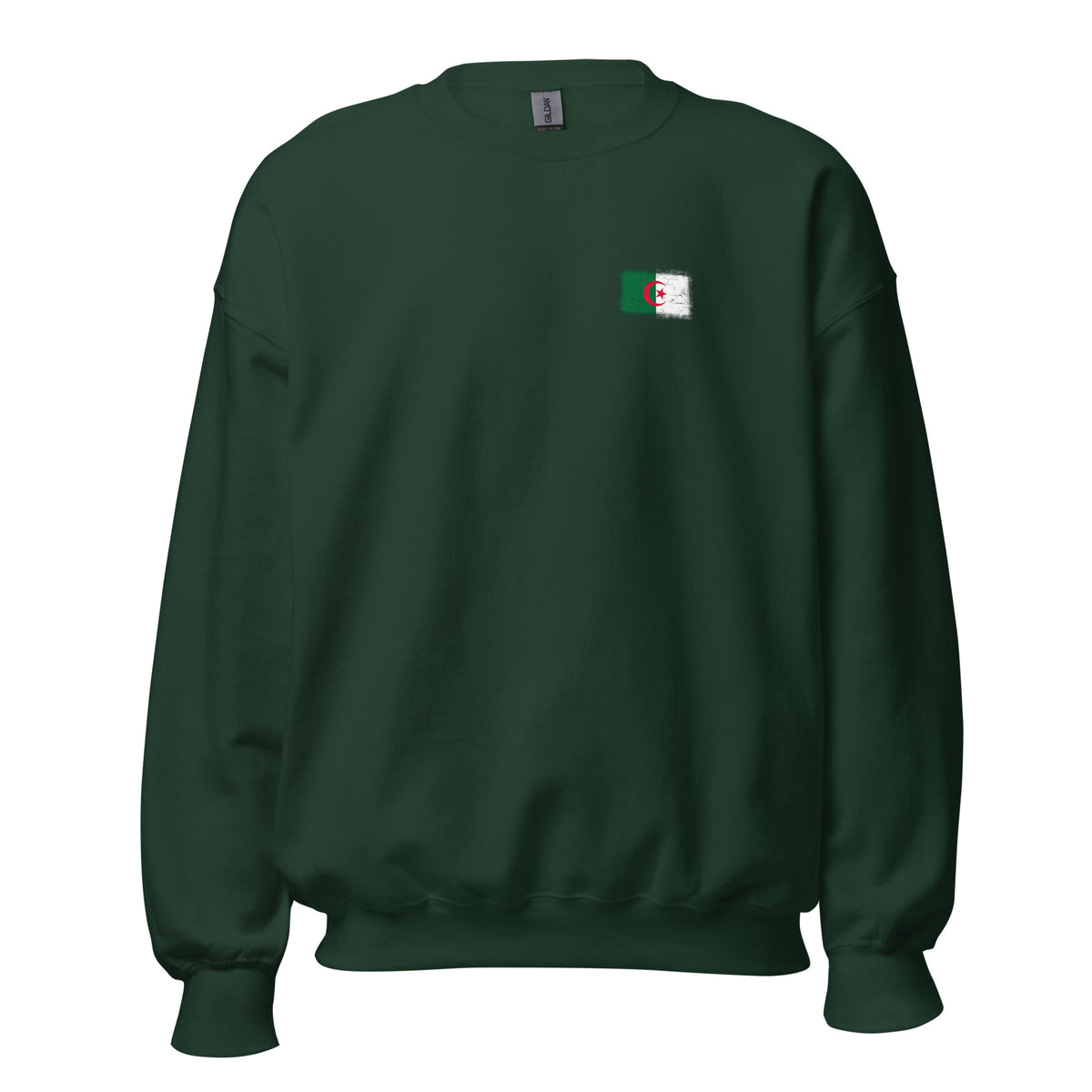 Algeria flag crew sweatshirt in Forest Green, vintage-washed print, small flag on the left chest, unisex cut, front view