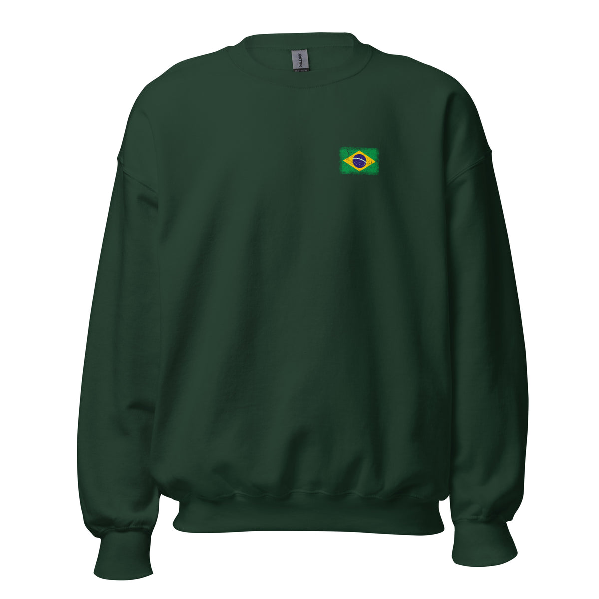 Brasil flag crew sweatshirt in Forest Green, vintage-washed print, small flag on the left chest, unisex cut, front view