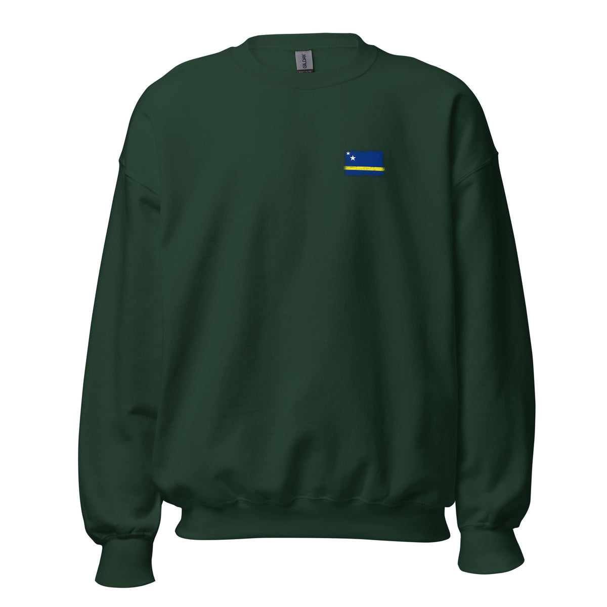 Curaçao flag crew sweatshirt in Forest Green, vintage-washed print, small flag on the left chest, unisex cut, front view