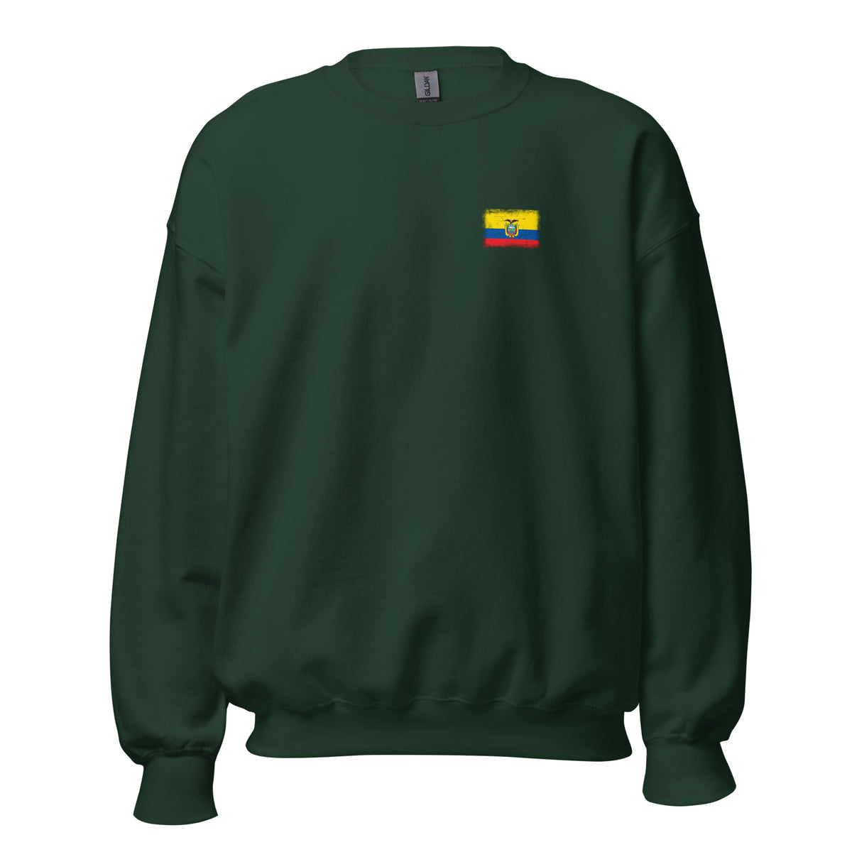 Ecuador flag crew sweatshirt in Forest Green, vintage-washed print, small flag on the left chest, unisex cut, front view