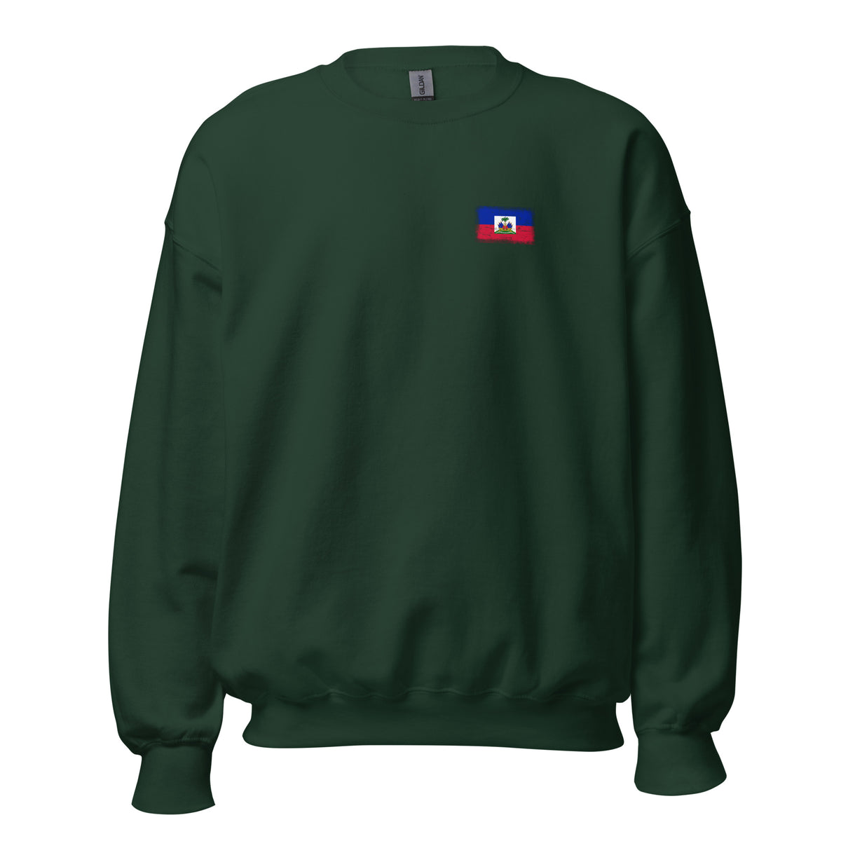 Haiti flag crew sweatshirt in Forest Green, vintage-washed print, small flag on the left chest, unisex cut, front view