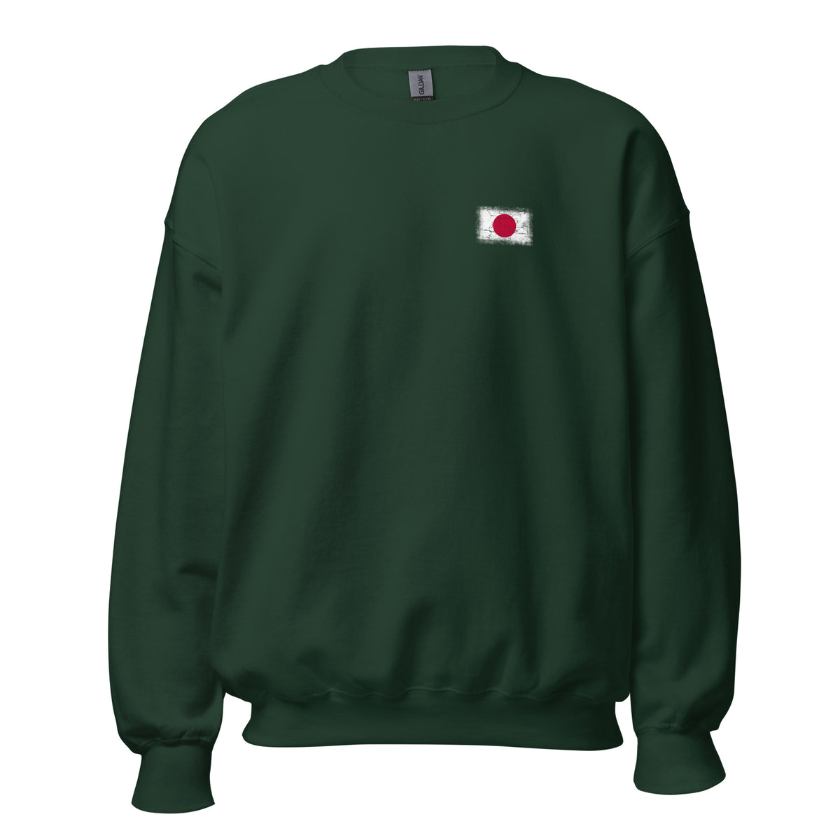 Japan flag crew sweatshirt in Forest Green, vintage-washed print, small flag on the left chest, unisex cut, front view