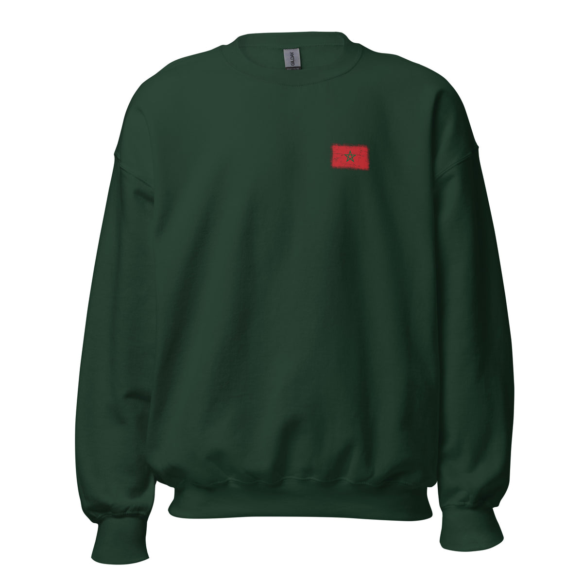 Morocco flag crew sweatshirt in Forest Green, vintage-washed print, small flag on the left chest, unisex cut, front view