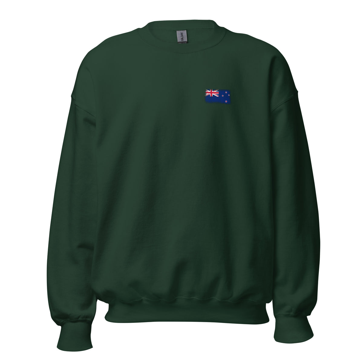 New Zealand flag crew sweatshirt in Forest Green, vintage-washed print, small flag on the left chest, unisex cut, front view
