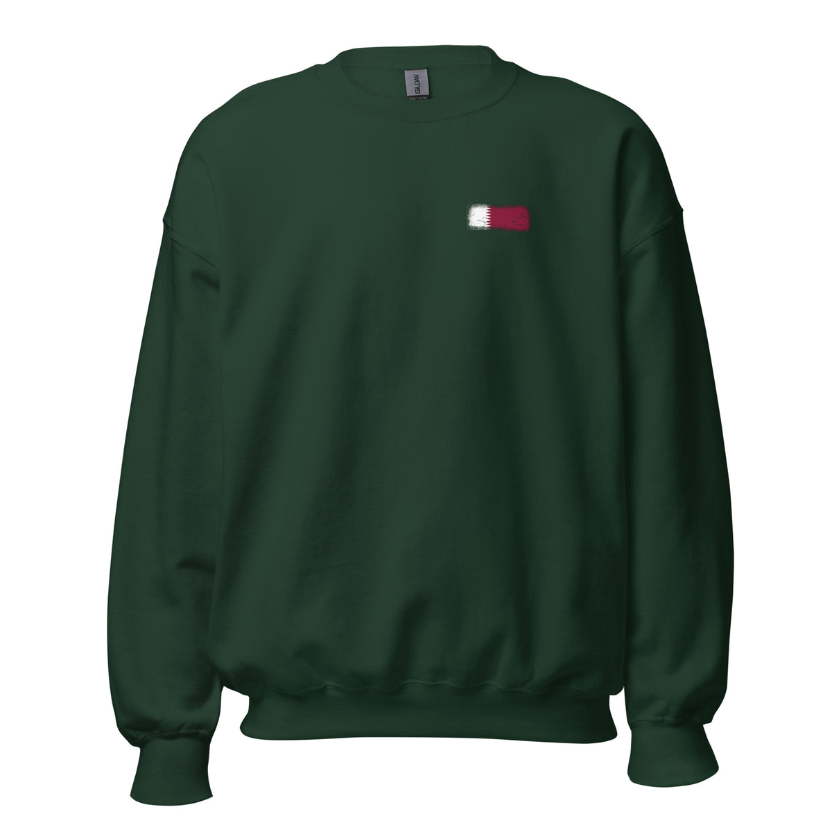 Qatar flag crew sweatshirt in Forest Green, vintage-washed print, small flag on the left chest, unisex cut, front view
