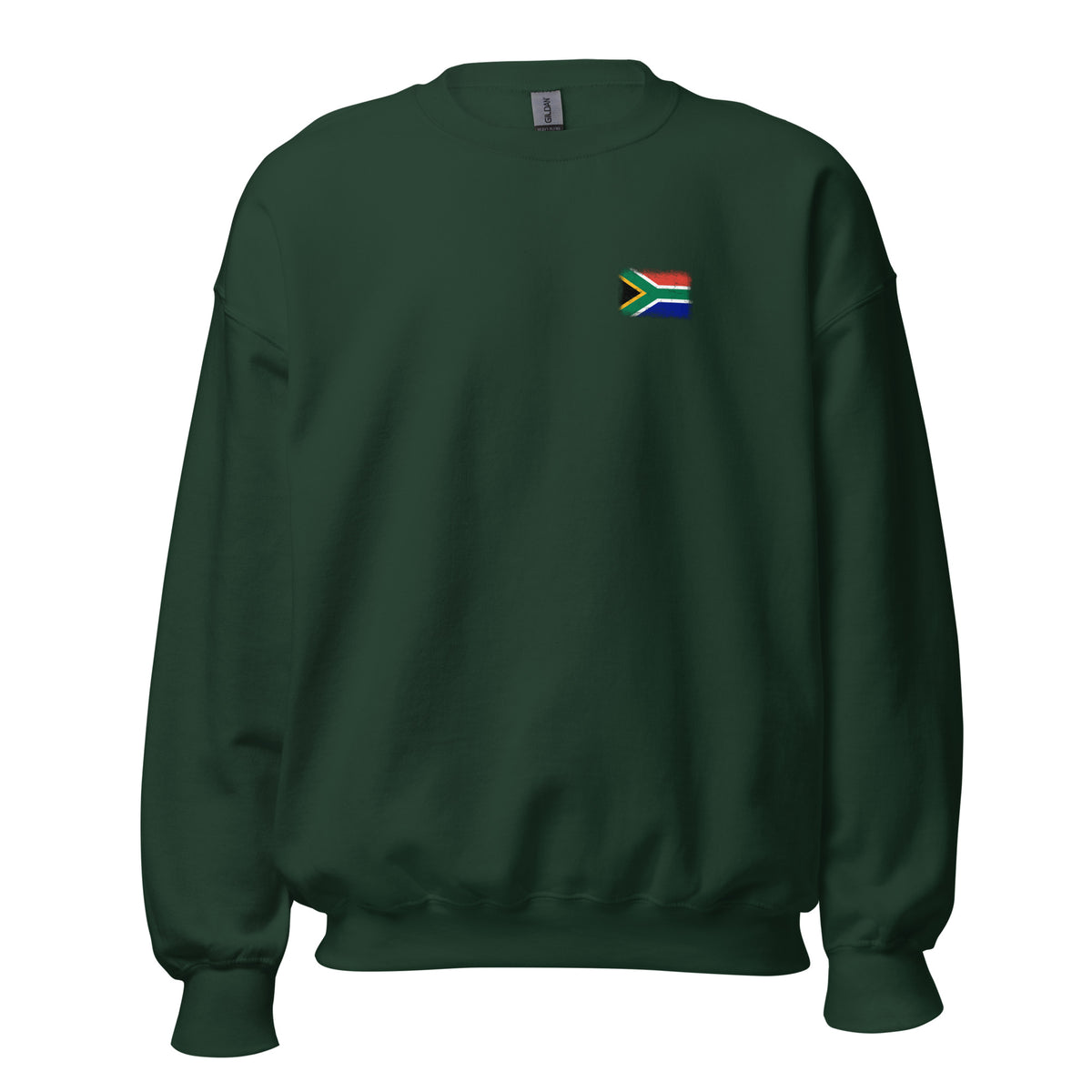 South Africa flag crew sweatshirt in Forest Green, vintage-washed print, small flag on the left chest, unisex cut, front view
