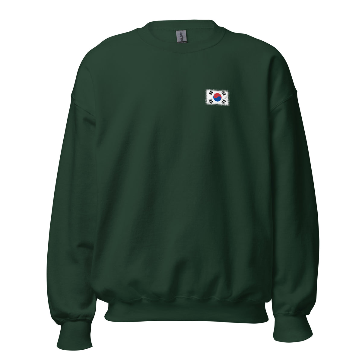 South Korea flag crew sweatshirt in Forest Green, vintage-washed print, small flag on the left chest, unisex cut, front view