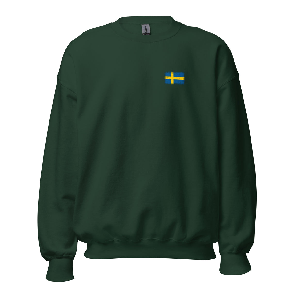 Sweden flag crew sweatshirt in Forest Green, vintage-washed print, small flag on the left chest, unisex cut, front view