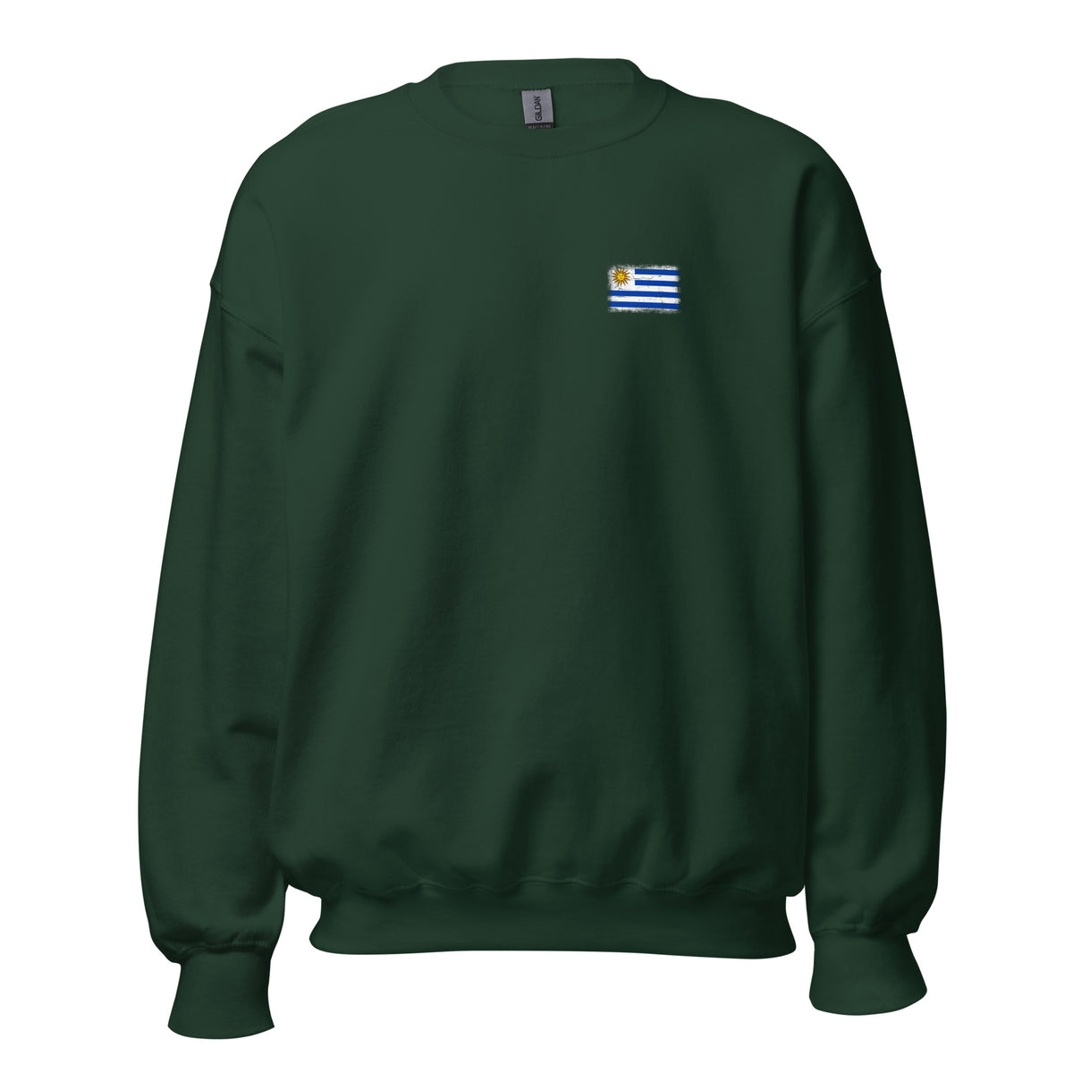 Uruguay flag crew sweatshirt in Forest Green, vintage-washed print, small flag on the left chest, unisex cut, front view
