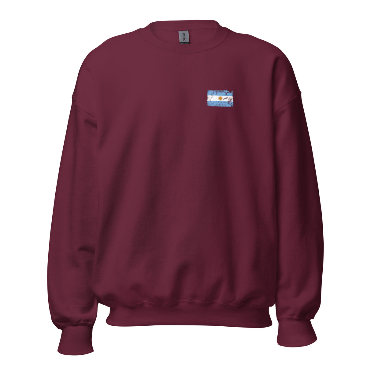 Argentina flag crew sweatshirt in Maroon, vintage-washed print, small flag on the left chest, unisex cut, front view