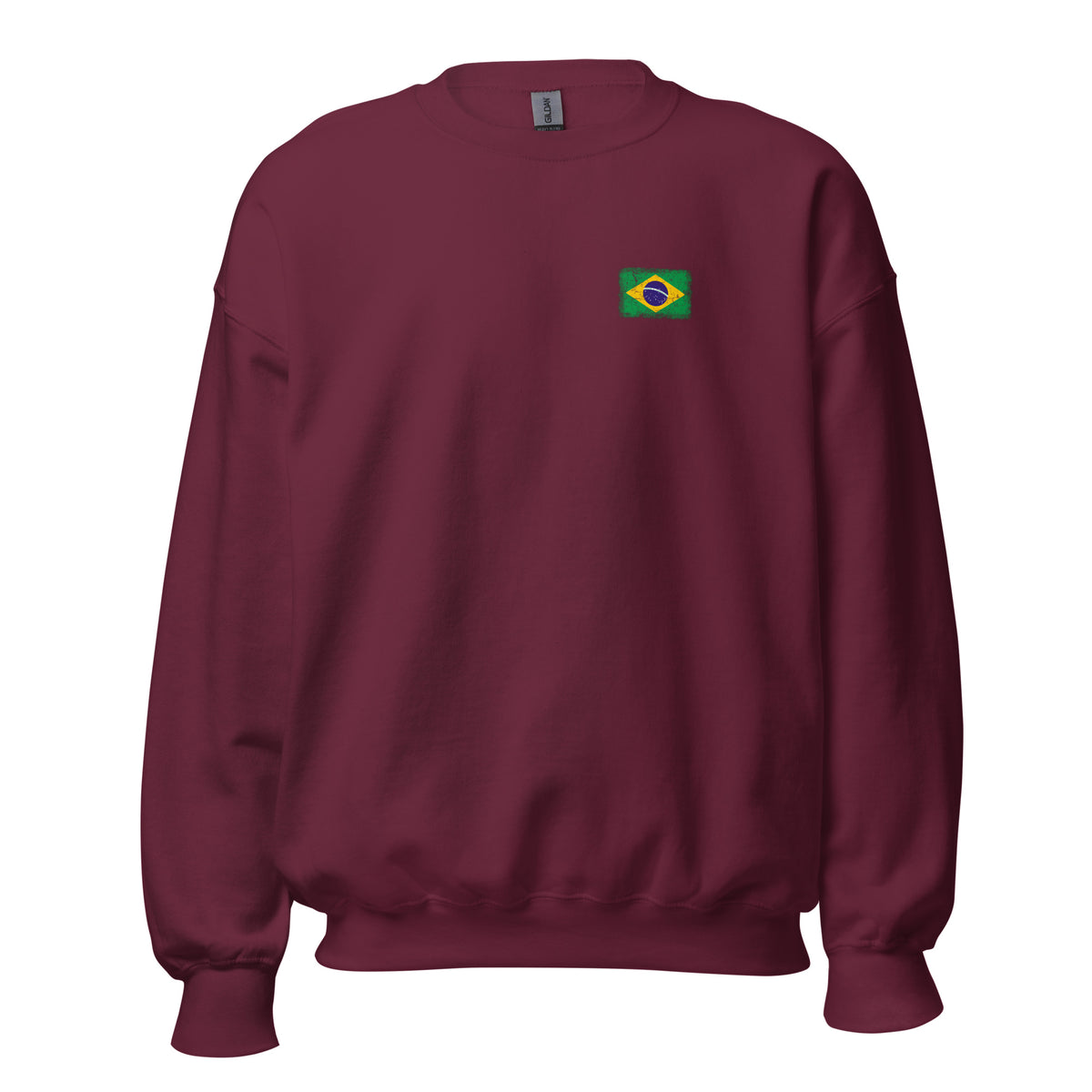 Brasil flag crew sweatshirt in Maroon, vintage-washed print, small flag on the left chest, unisex cut, front view