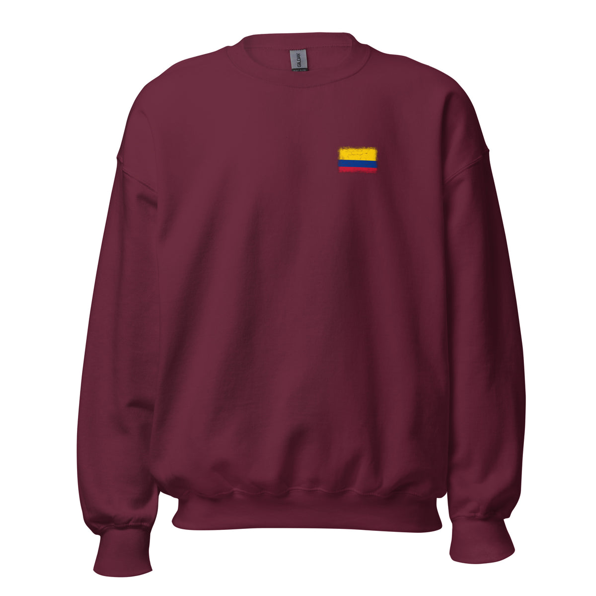 Colombia flag crew sweatshirt in Maroon, vintage-washed print, small flag on the left chest, unisex cut, front view