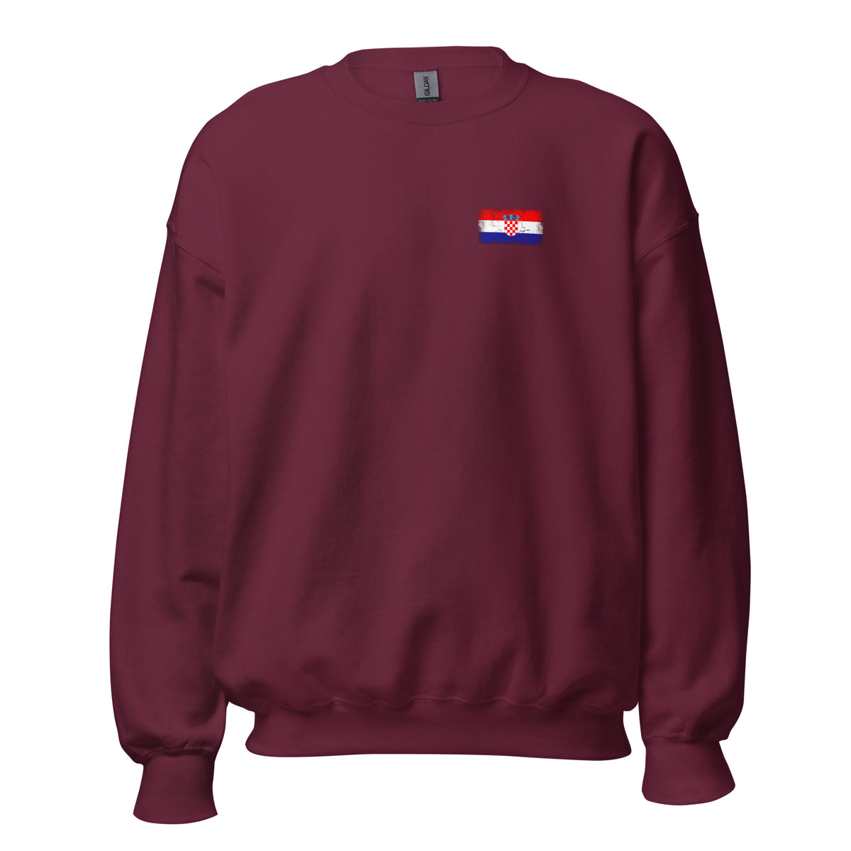 Croatia flag crew sweatshirt in Maroon, vintage-washed print, small flag on the left chest, unisex cut, front view