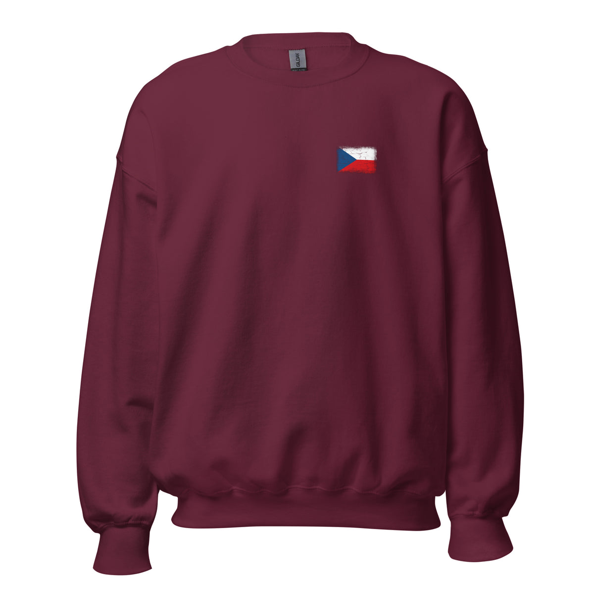 Czechia flag crew sweatshirt in Maroon, vintage-washed print, small flag on the left chest, unisex cut, front view